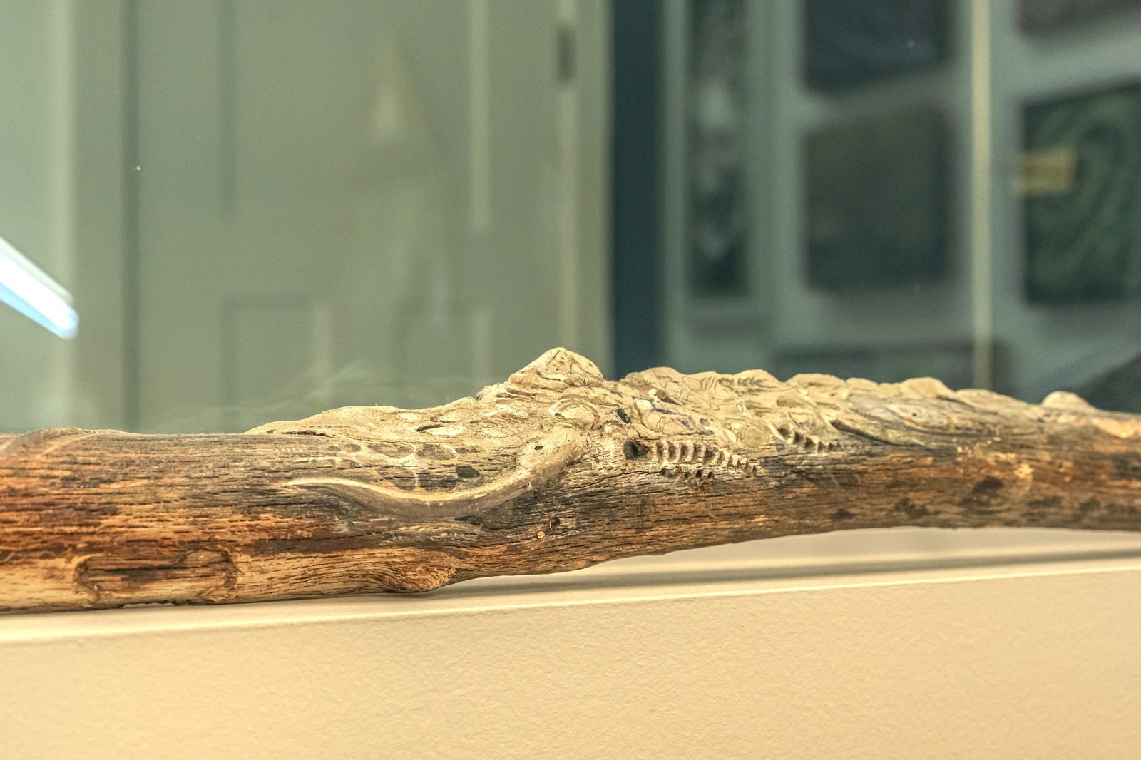 A carved wooden log rests on a shelf.