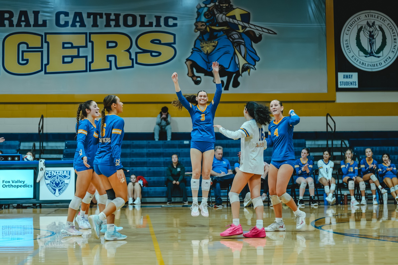 A player in blue jumps with arms raised, celebrating with teammates in blue and white.