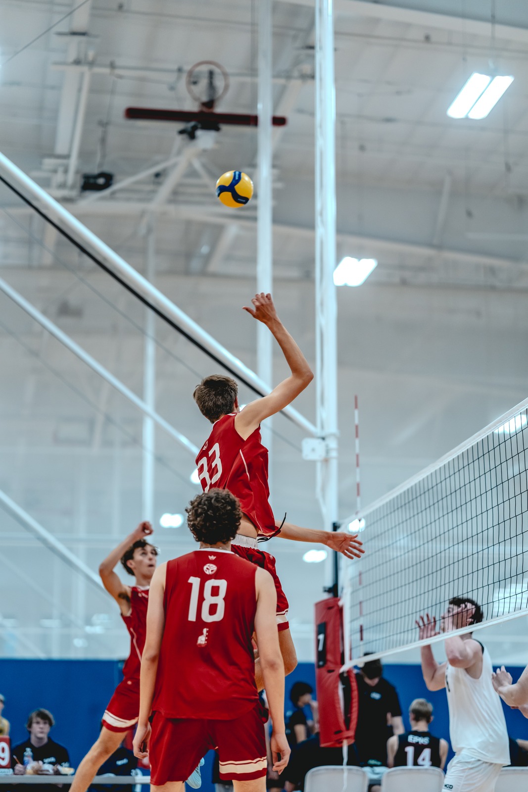A player in red jumps with arm extended for the ball. Another player in red stands nearby. A player in white reaches over the net.