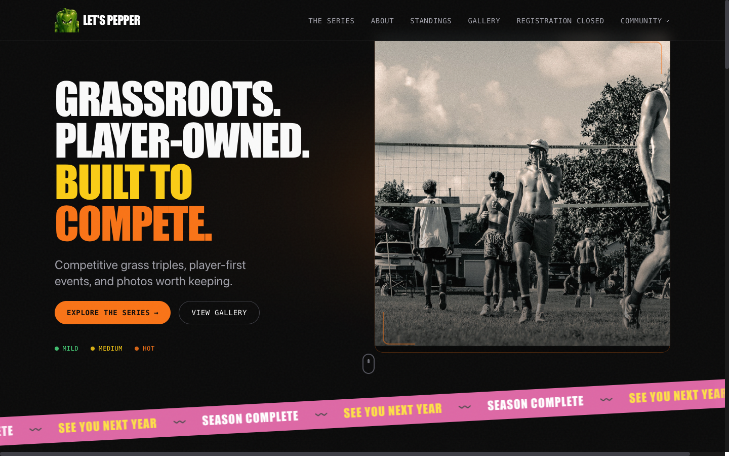 Let’s Pepper website with its tournament identity and grass volleyball photograph
